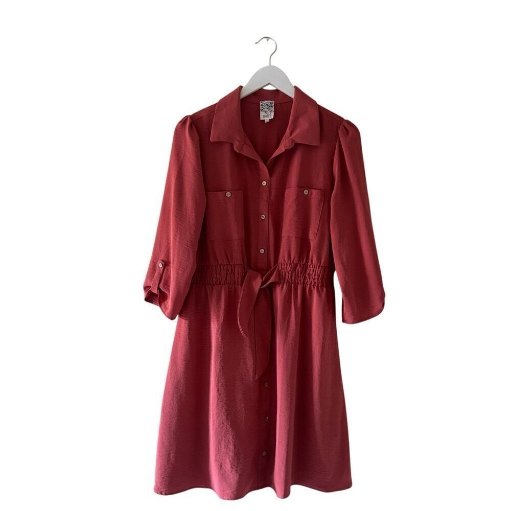 Naïf red rust midi-length dress collared neckline button-front closure 3/4 lengt